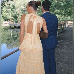 $348 BHLDN Anthropologie Juniper Metallic Tiered Backless High-Neck Gown Orange